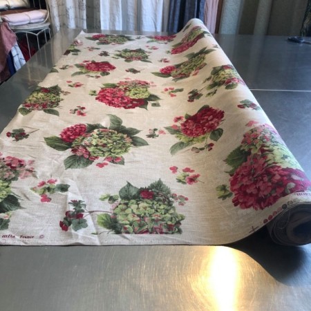 tissu lin imprimé hortensias roses petite largeur 1m50