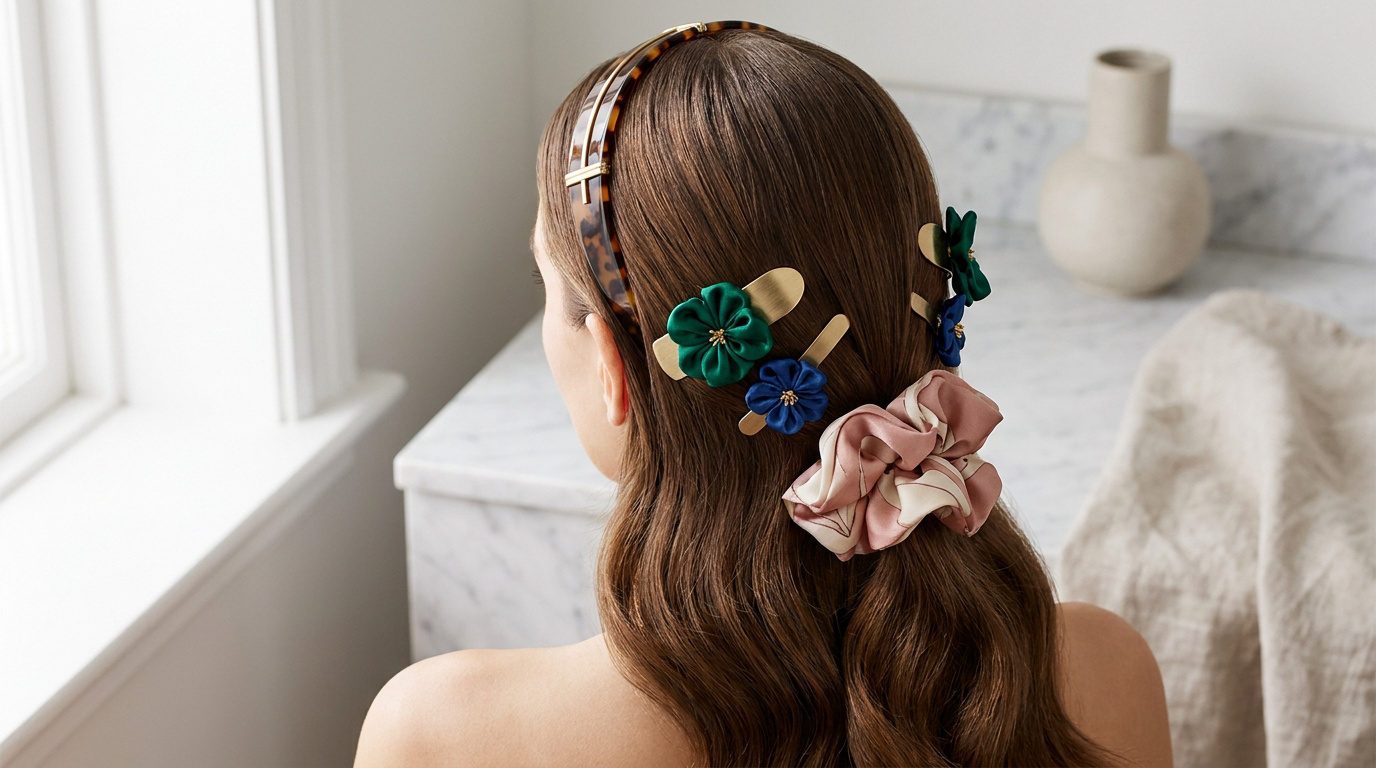 Femme de dos, cheveux bruns ornés d'un serre-tête écaille, de pinces fleurs (vert/bleu) et d'un chouchou en soie rose à motifs.