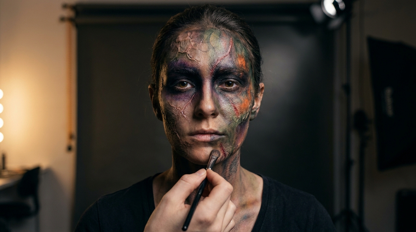 Femme avec maquillage d'Halloween texturé et coloré (vert, violet, orange), une main applique le produit sur son visage avec un pinceau.