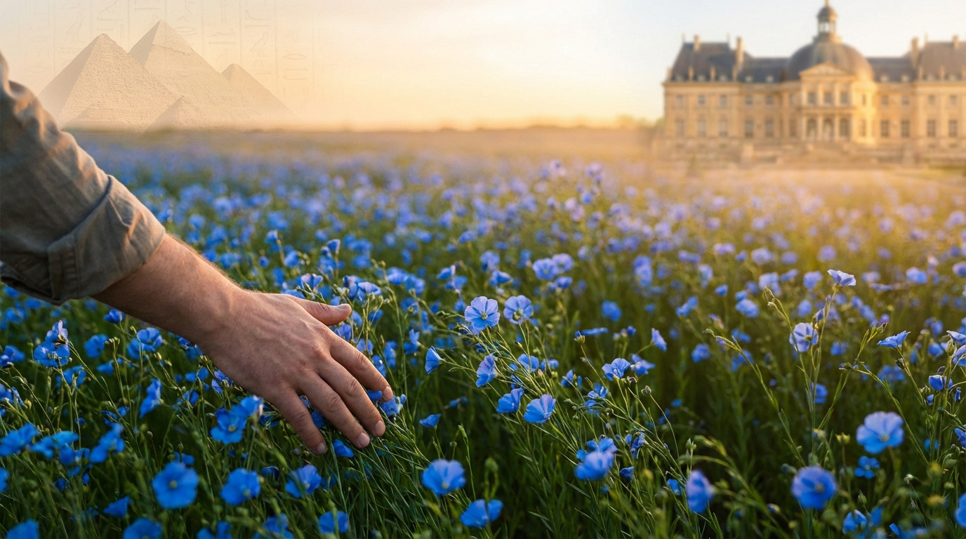 Main caressant un champ de lin bleu fleuri. En arrière-plan flou, les pyramides d'Égypte et un château européen symbolisent l'histoire.