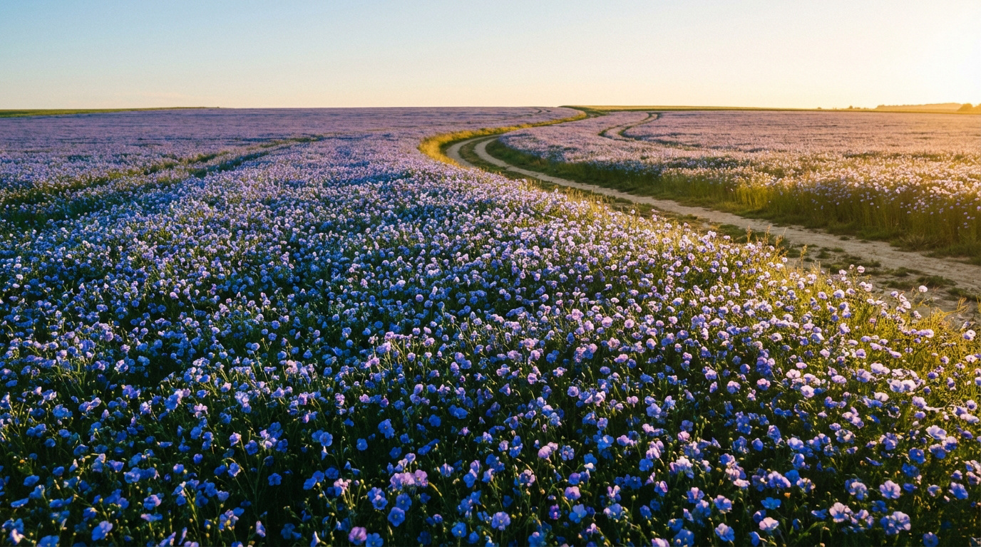 Vaste champ de lin en fleurs bleues-violettes, traversé par un chemin de terre sinueux. Lumière chaude du soleil couchant.