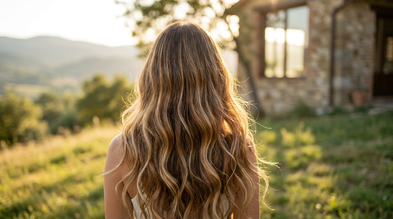 Une femme de dos, ses longs cheveux ondulés avec un balayage doré brillent sous le soleil dans un paysage rural.