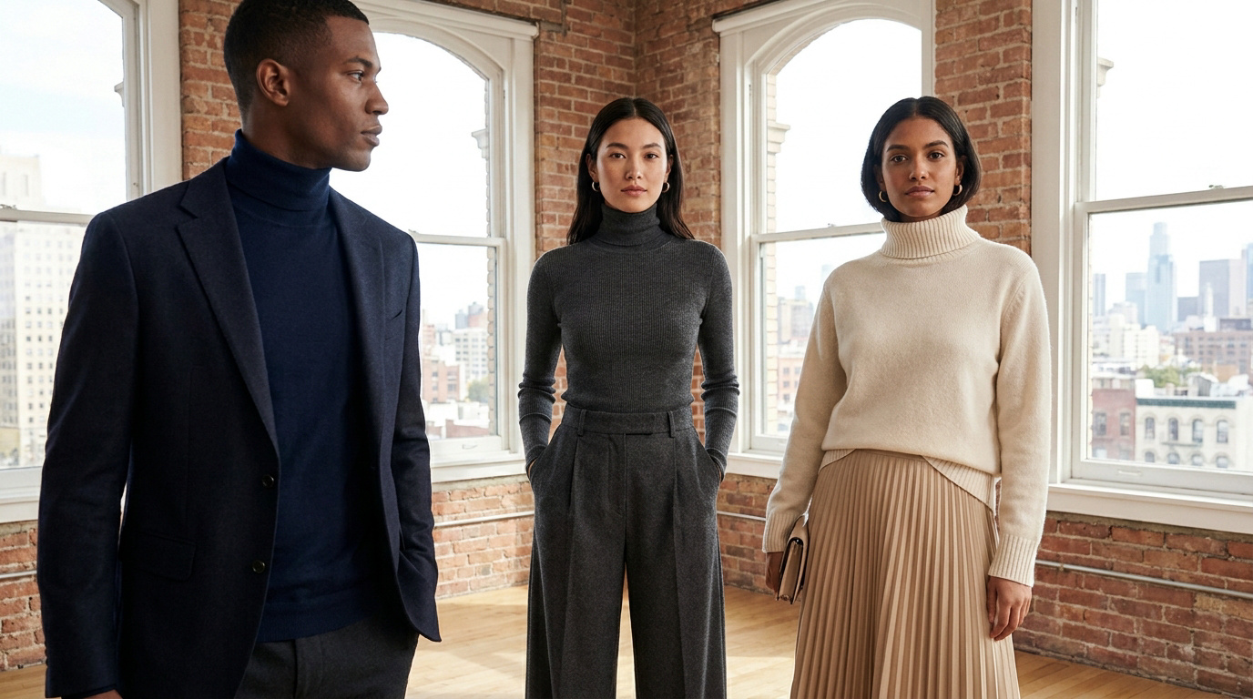 Trois modèles (un homme, deux femmes) portent des cols roulés chics (bleu, gris, crème) dans un loft lumineux avec vue sur la ville.