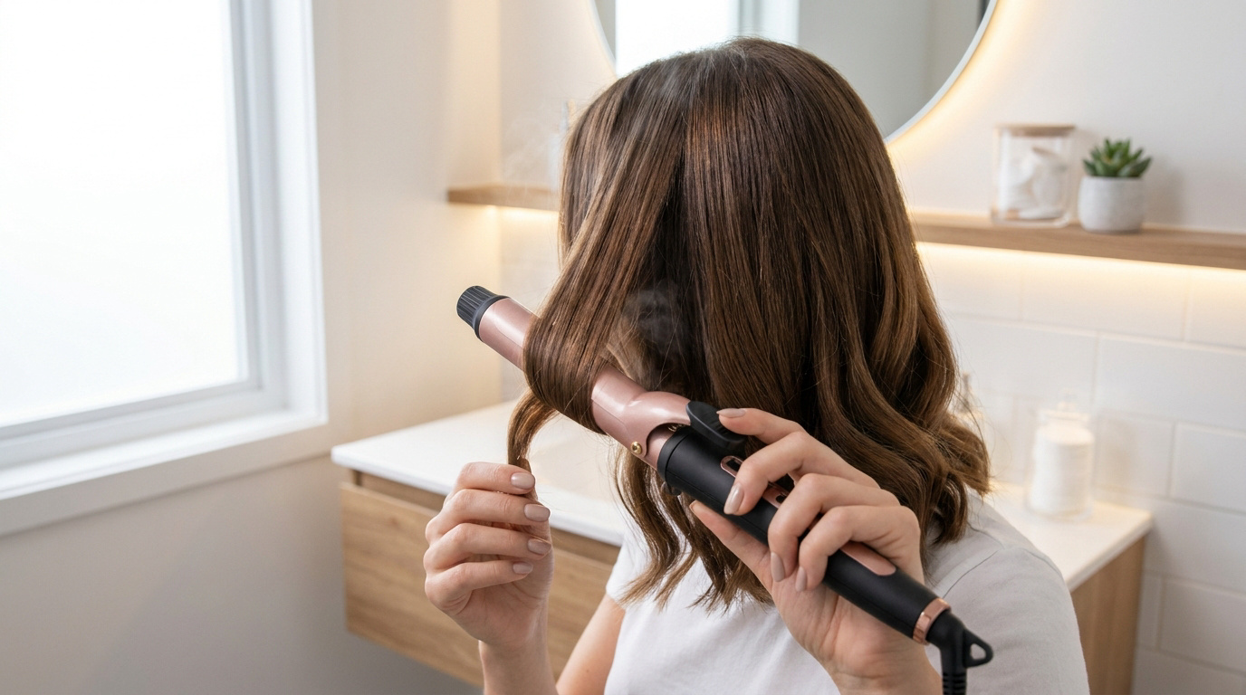 Vue de dos d'une femme utilisant un boucleur rose et noir pour onduler ses cheveux châtains dans une salle de bain.
