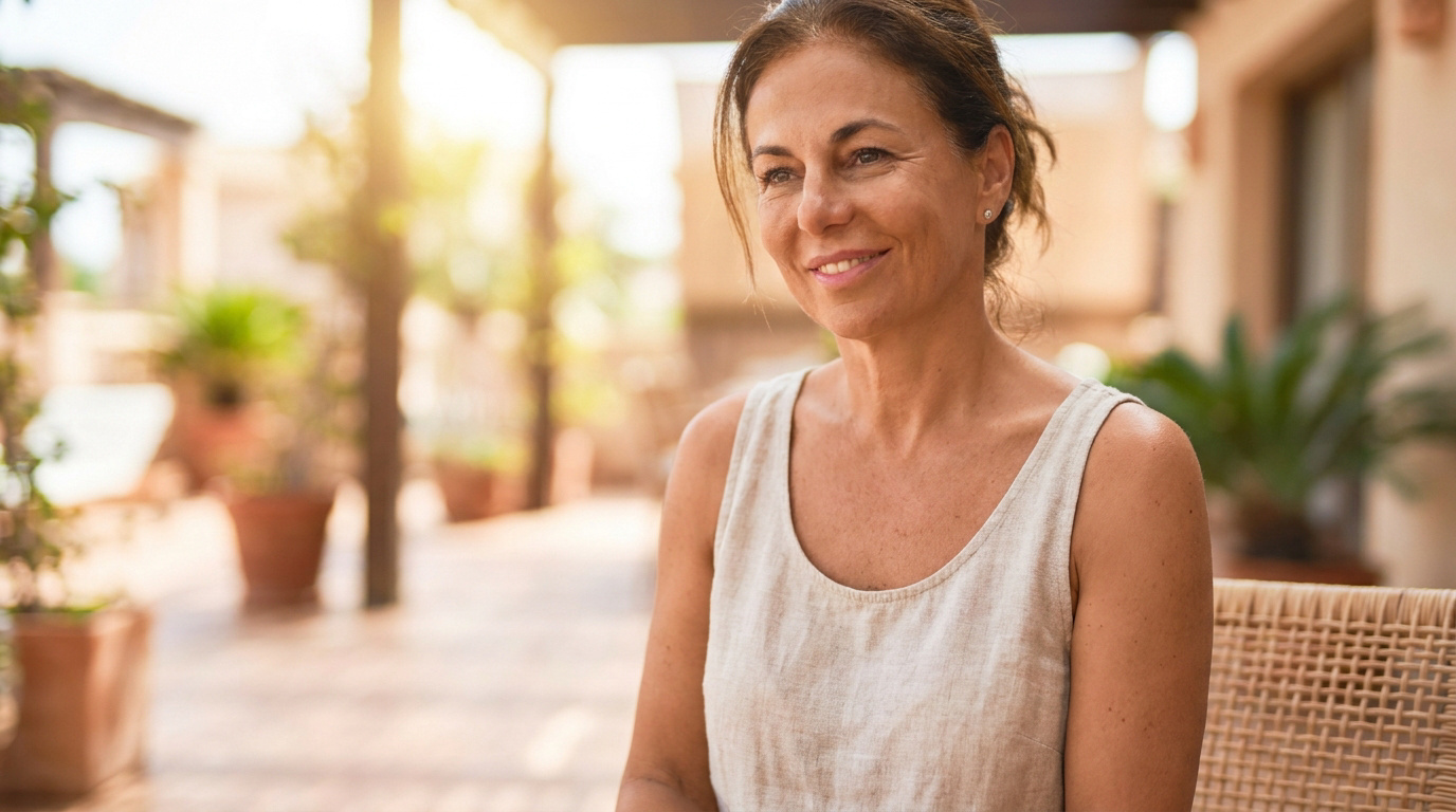 Portrait d'une femme d'âge mûr souriante, portant un débardeur en lin beige clair, assise sur une terrasse ensoleillée.