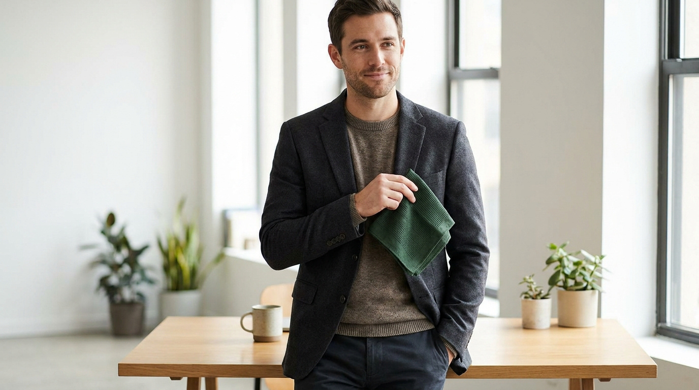 Un homme élégant souriant, portant un blazer et un pull, tient un mouchoir en tissu vert foncé texturé dans sa main.