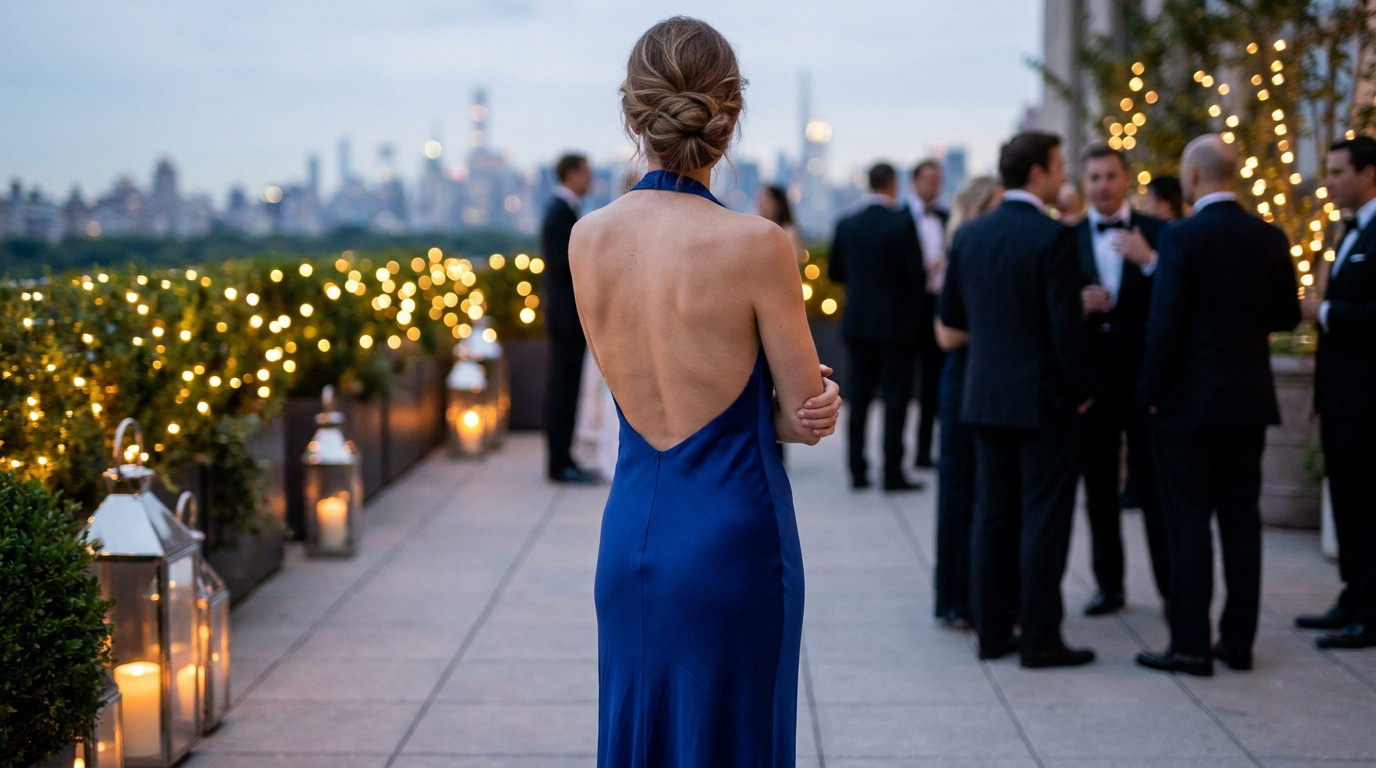 Femme de dos en robe de soirée bleu roi dos nu, cheveux attachés, lors d'un événement chic sur un toit-terrasse urbain au crépuscule.