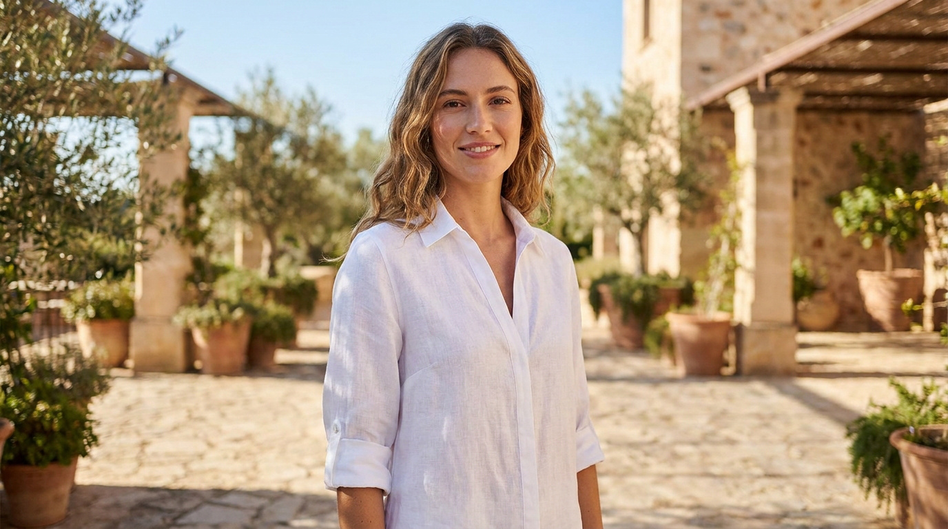 Photo d'une femme souriante portant un chemisier en lin blanc, posant dans un jardin méditerranéen ensoleillé.