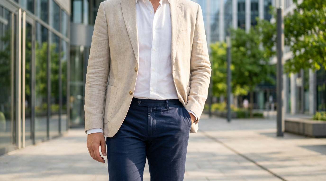 Homme en veste de lin beige, chemise blanche ouverte et pantalon marine, main dans la poche, marchant dans un environnement urbain moderne.