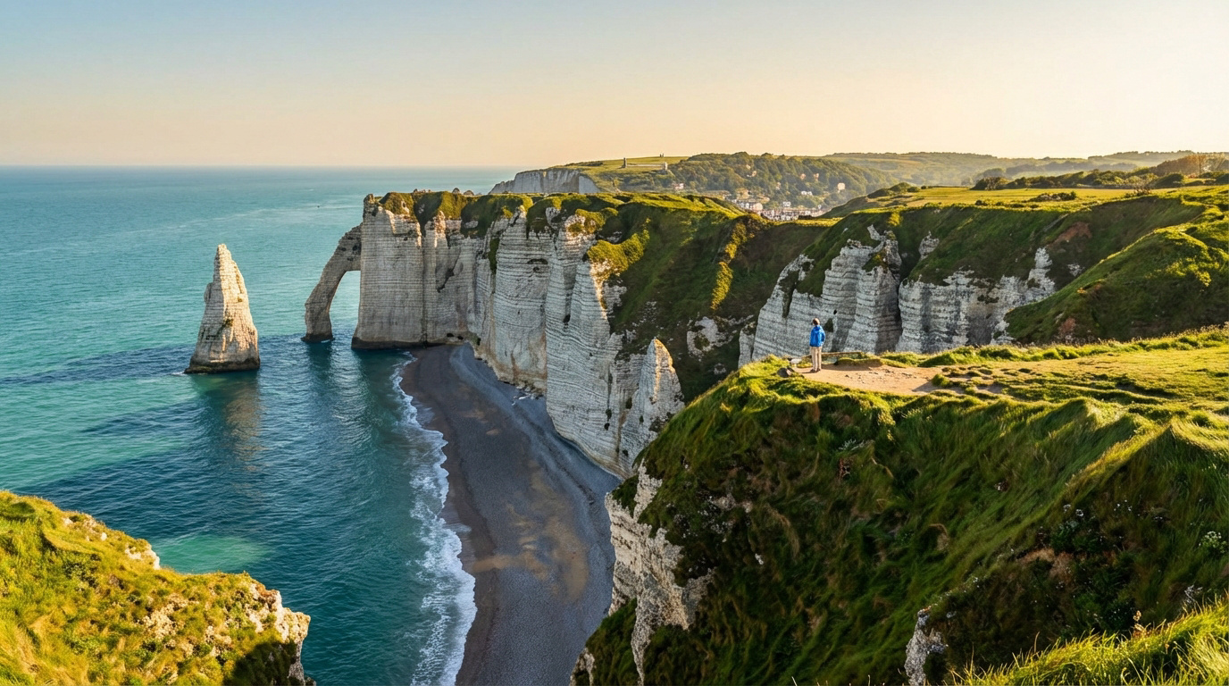 Falaises d'Étretat: Porte d'Aval, Aiguille et plage. Mer turquoise, ciel dégagé, et une personne sur le sentier panoramique.