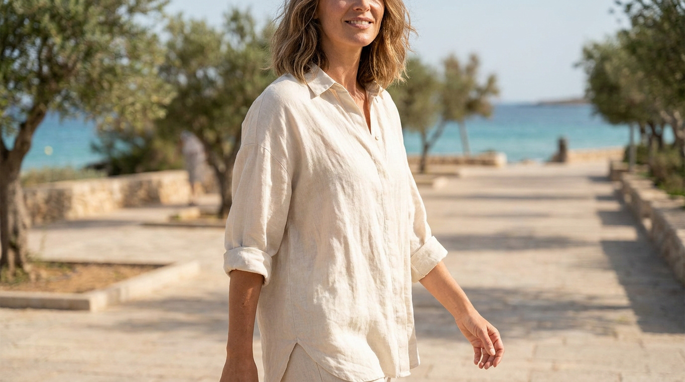 Femme souriante aux cheveux courts, vêtue d'une chemise de lin beige, marchant sur un chemin bordé d'oliviers près de la mer turquoise.