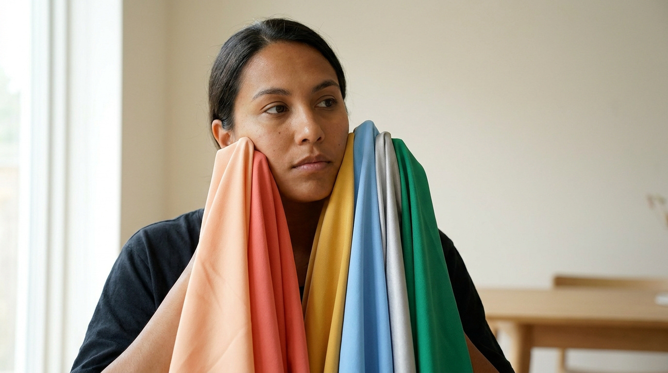 Femme au teint méditerranéen testant des échantillons de tissu de différentes couleurs autour de son visage pour une analyse de colorimétrie.