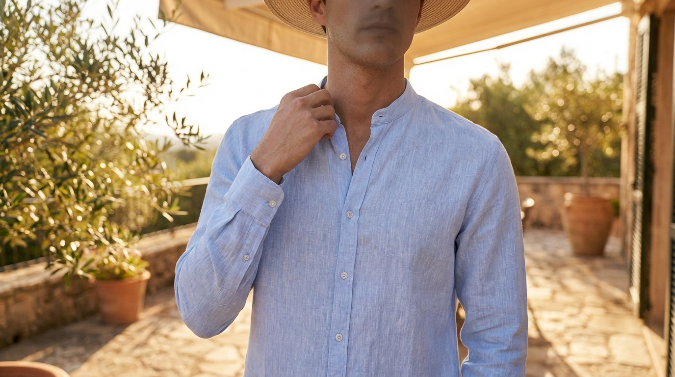 Gros plan sur un homme en chemise de lin bleu clair, col officier, ajustant son col. Terrasse ensoleillée et végétation méditerranéenne.