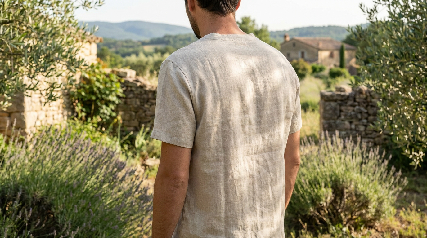 Homme de dos portant un t-shirt en lin beige clair, se promenant dans un paysage provençal avec lavande, oliviers et vieilles pierres.