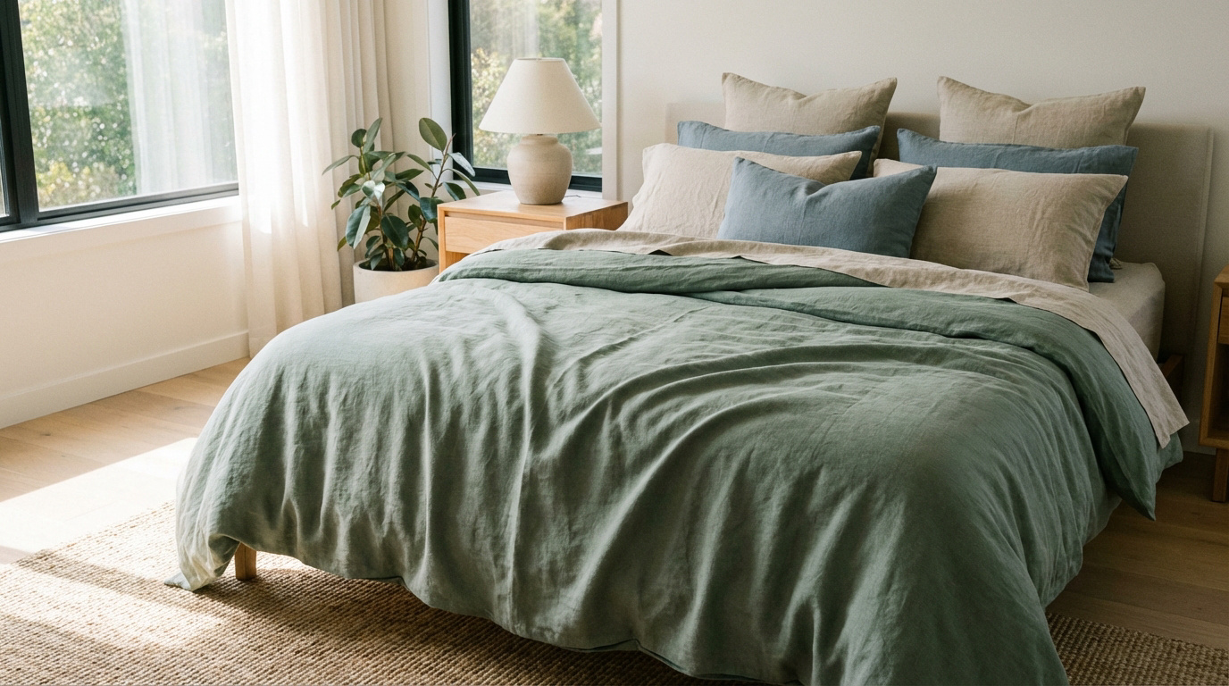 Lit moderne avec housse de couette en lin vert et draps beiges. Coussins assortis. Table de chevet en bois et plante verte à côté d'une grande fenêtre.