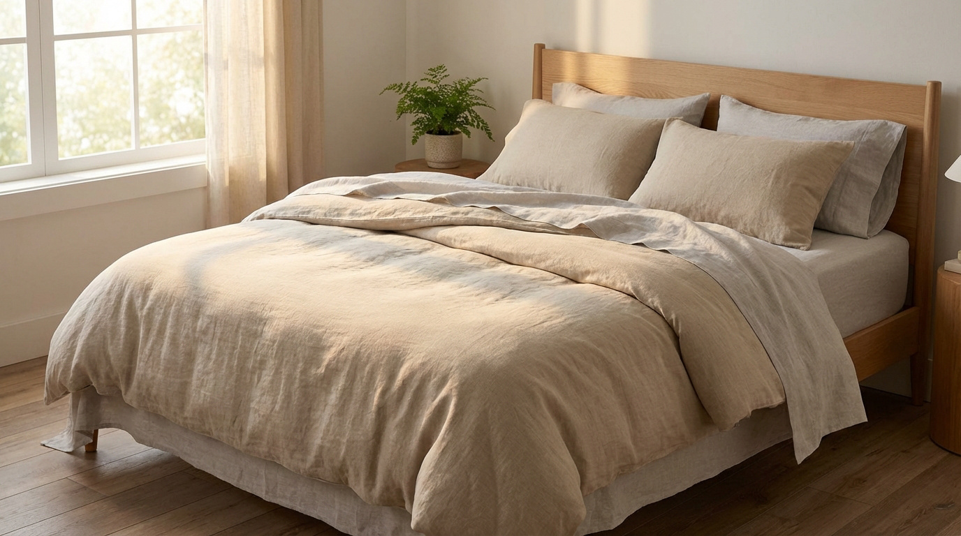 Lit double en bois avec literie en lin beige et gris clair. Chambre lumineuse avec grande fenêtre et plante verte sur table de chevet.