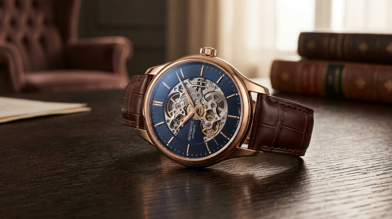 Montre automatique homme avec boîtier doré, cadran bleu squelette et bracelet en cuir marron sur un bureau en bois.