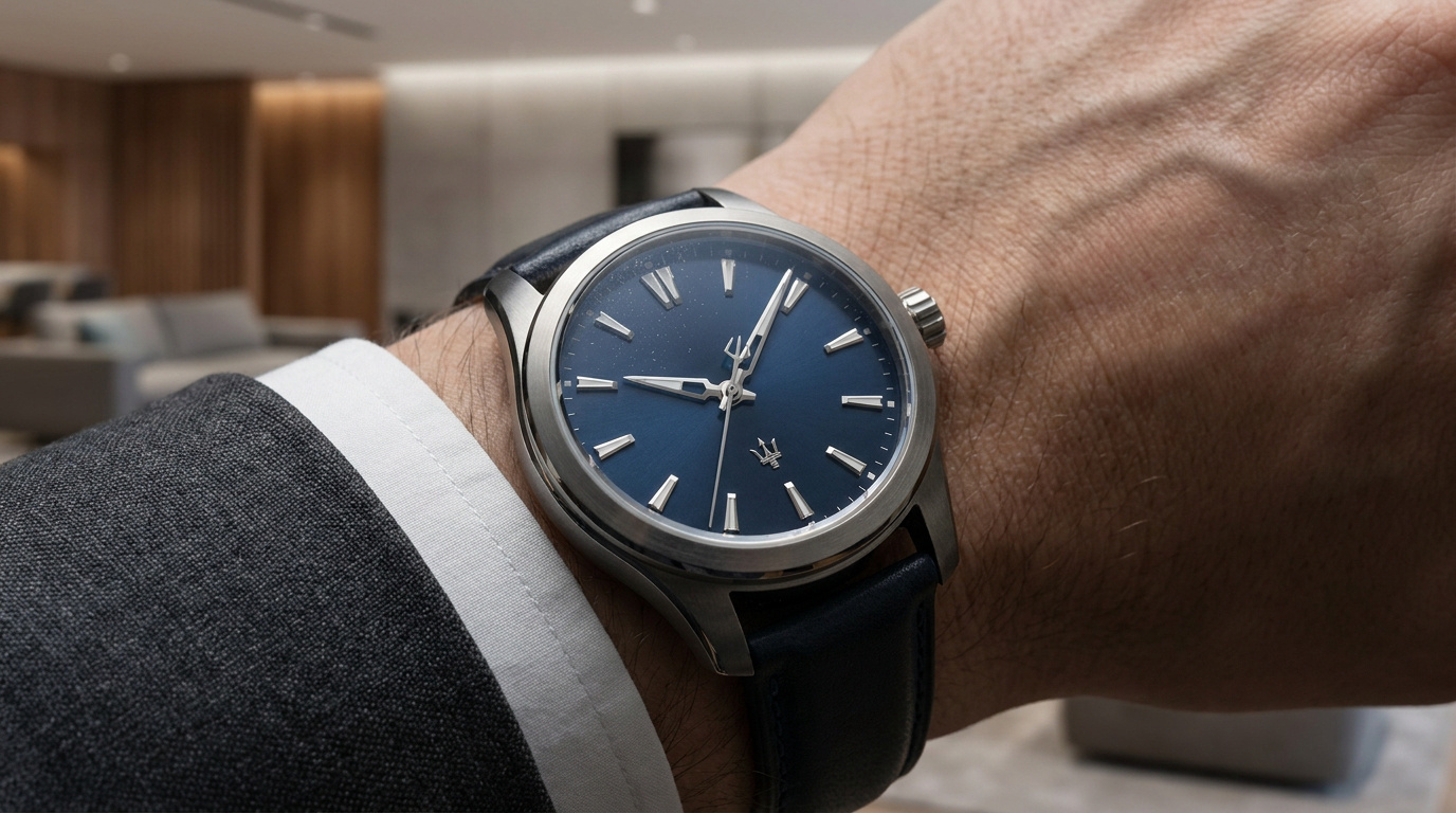Gros plan d'une montre Maserati au cadran bleu et bracelet en cuir foncé sur un poignet masculin en costume, dans un intérieur moderne.