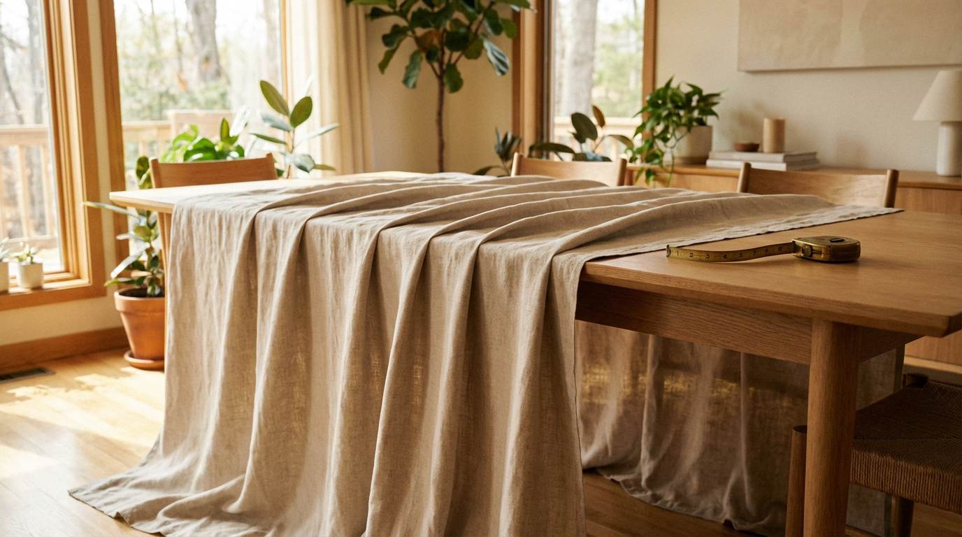 Table en bois avec une nappe en lin beige drapée au sol, et un mètre ruban pour la mesure. Intérieur lumineux et verdoyant.