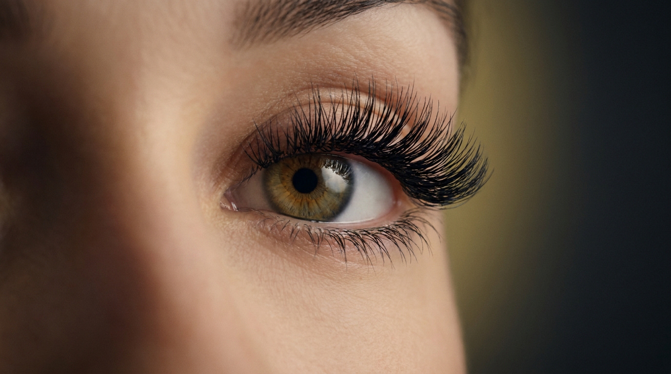 Gros plan sur un œil avec des cils longs, noirs et volumineux. L'iris est vert-noisette, accentuant un regard intense.