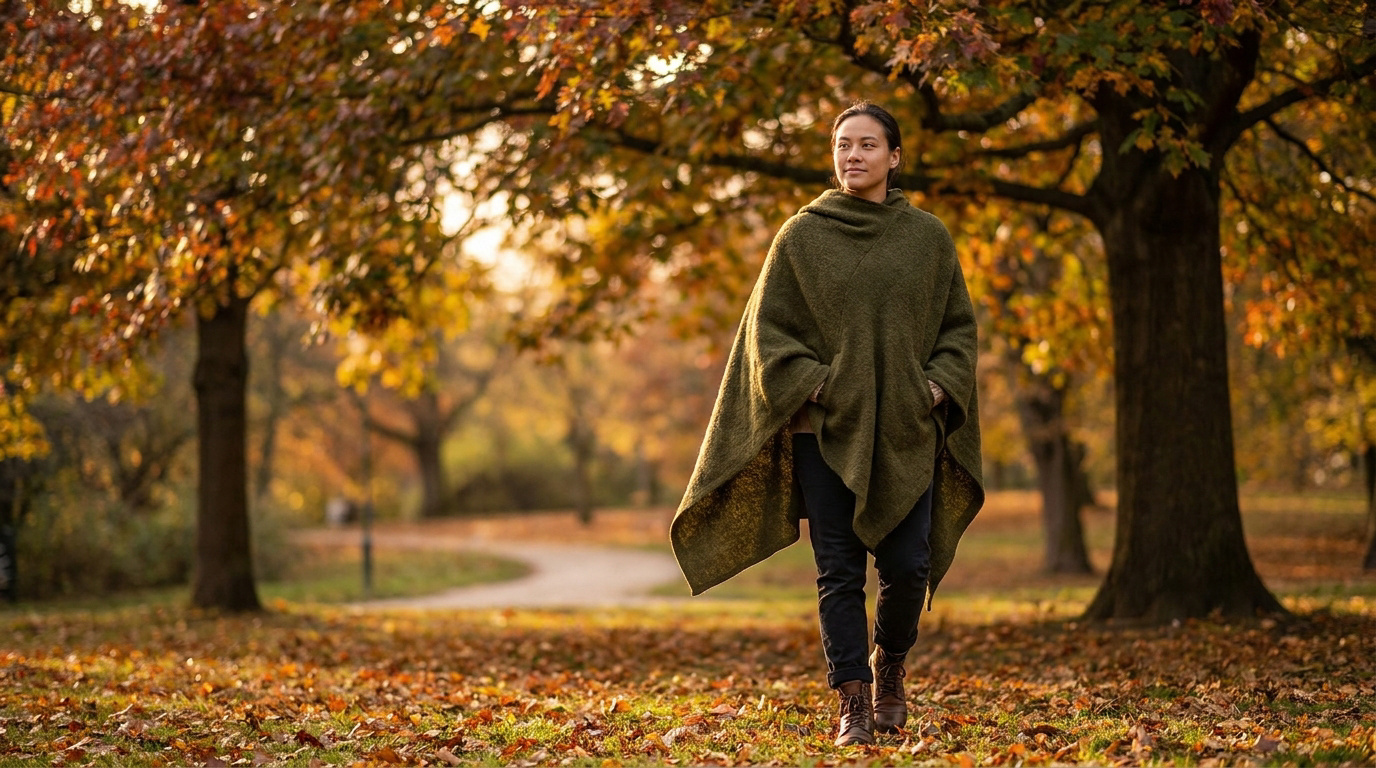 Femme en poncho vert foncé marchant dans un parc en automne, feuilles mortes au sol et arbres aux couleurs chaudes.
