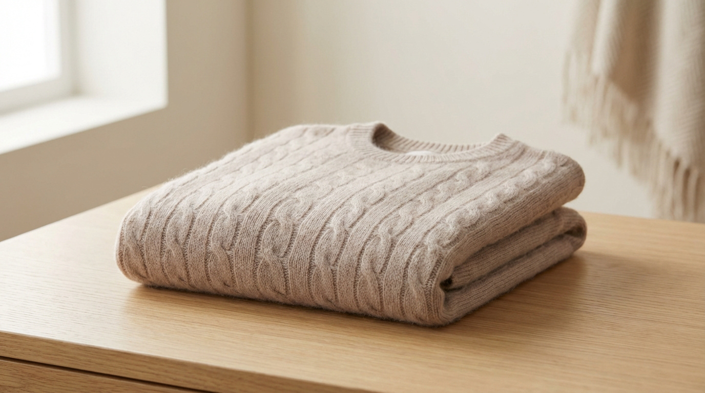 Pull en cachemire beige clair, motif torsadé, plié sur une surface en bois. Lumière douce en arrière-plan.