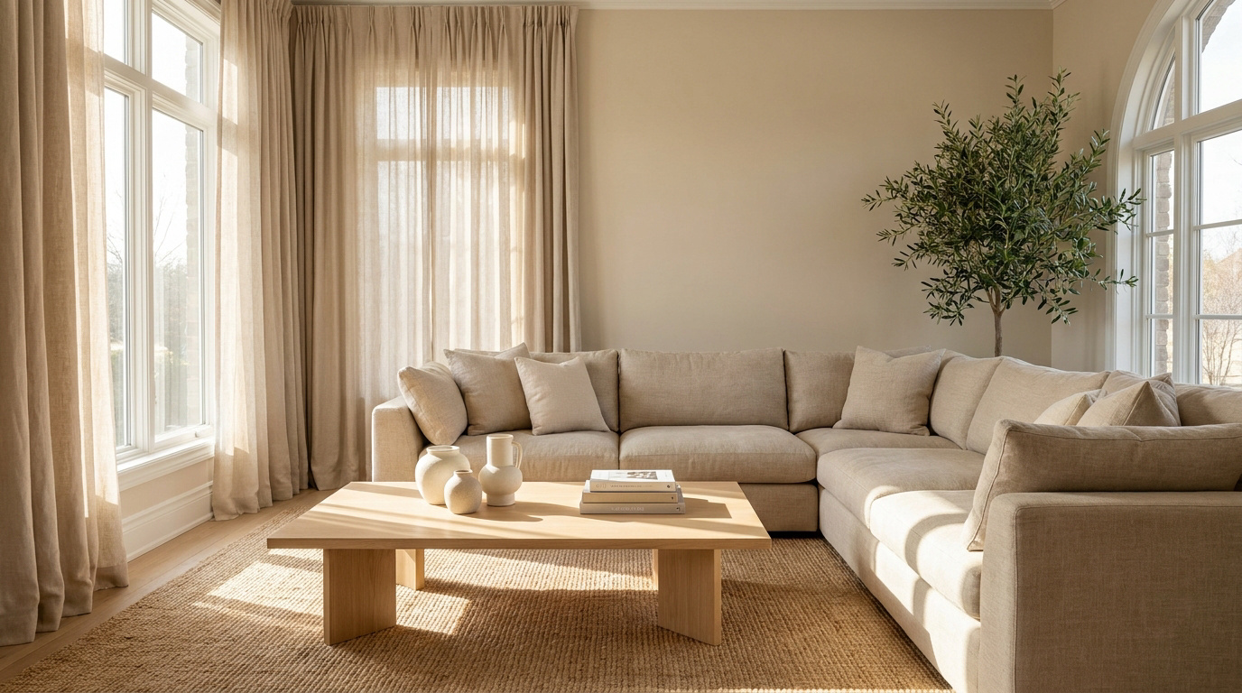 Salon moderne couleur lin: grand canapé d'angle, table basse en bois clair, tapis tressé, rideaux, plante et lumière naturelle.
