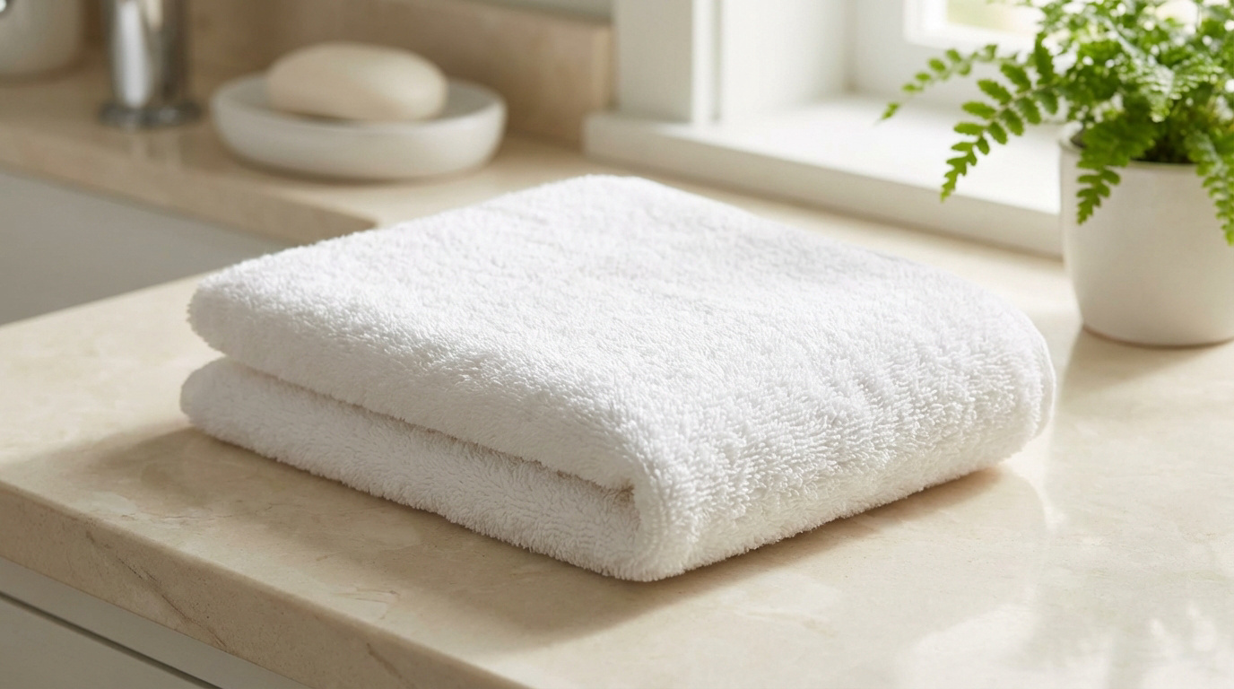 Débarbouillette blanche pliée sur un comptoir de salle de bain beige clair. Un savon et une plante verte sont en arrière-plan.