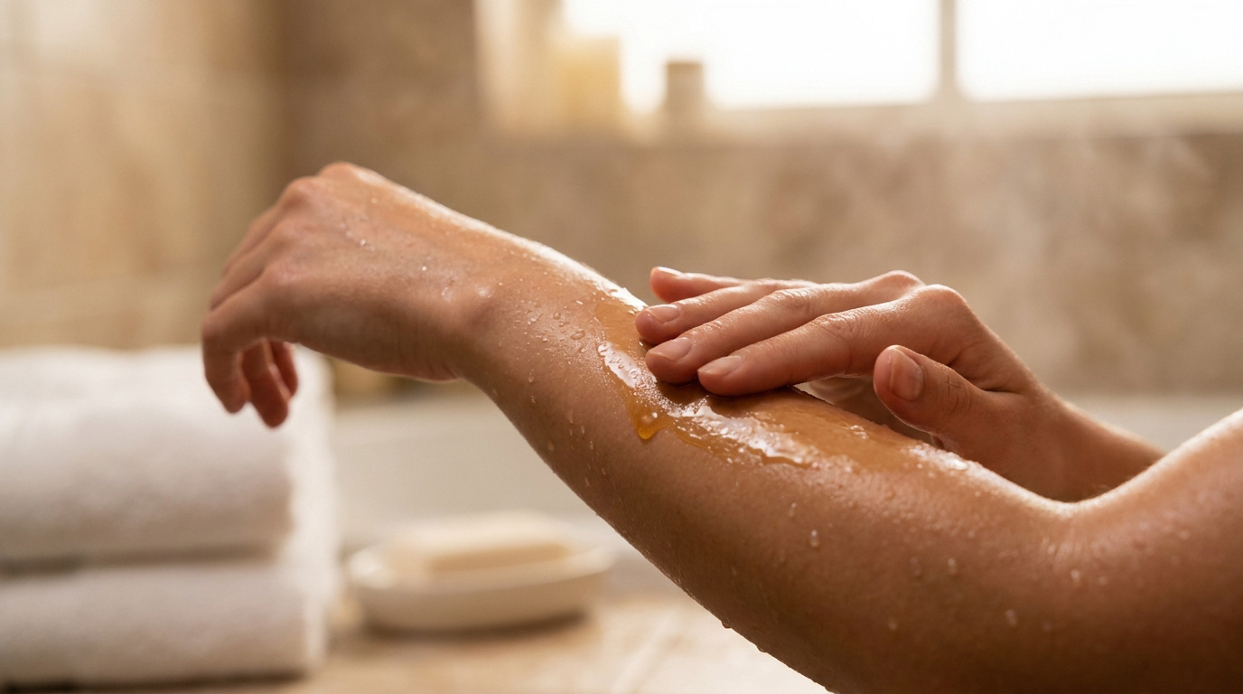 Gros plan sur une main appliquant une huile dorée sur un bras mouillé, avec des gouttelettes d'eau, dans une salle de bain.