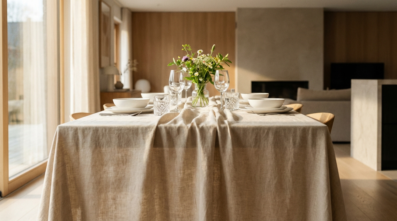 Table à manger dressée avec une nappe en lin beige, vaisselle blanche, verres et un bouquet de fleurs dans un intérieur lumineux et moderne.