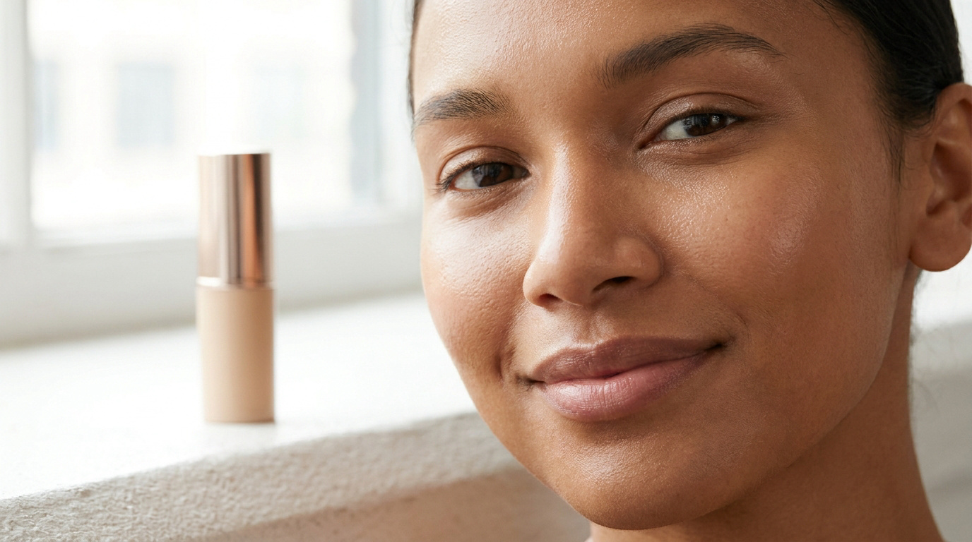 Gros plan sur une femme à la peau mate et au teint lumineux, souriante, avec un stick de fond de teint Clarivelle à l'arrière-plan.