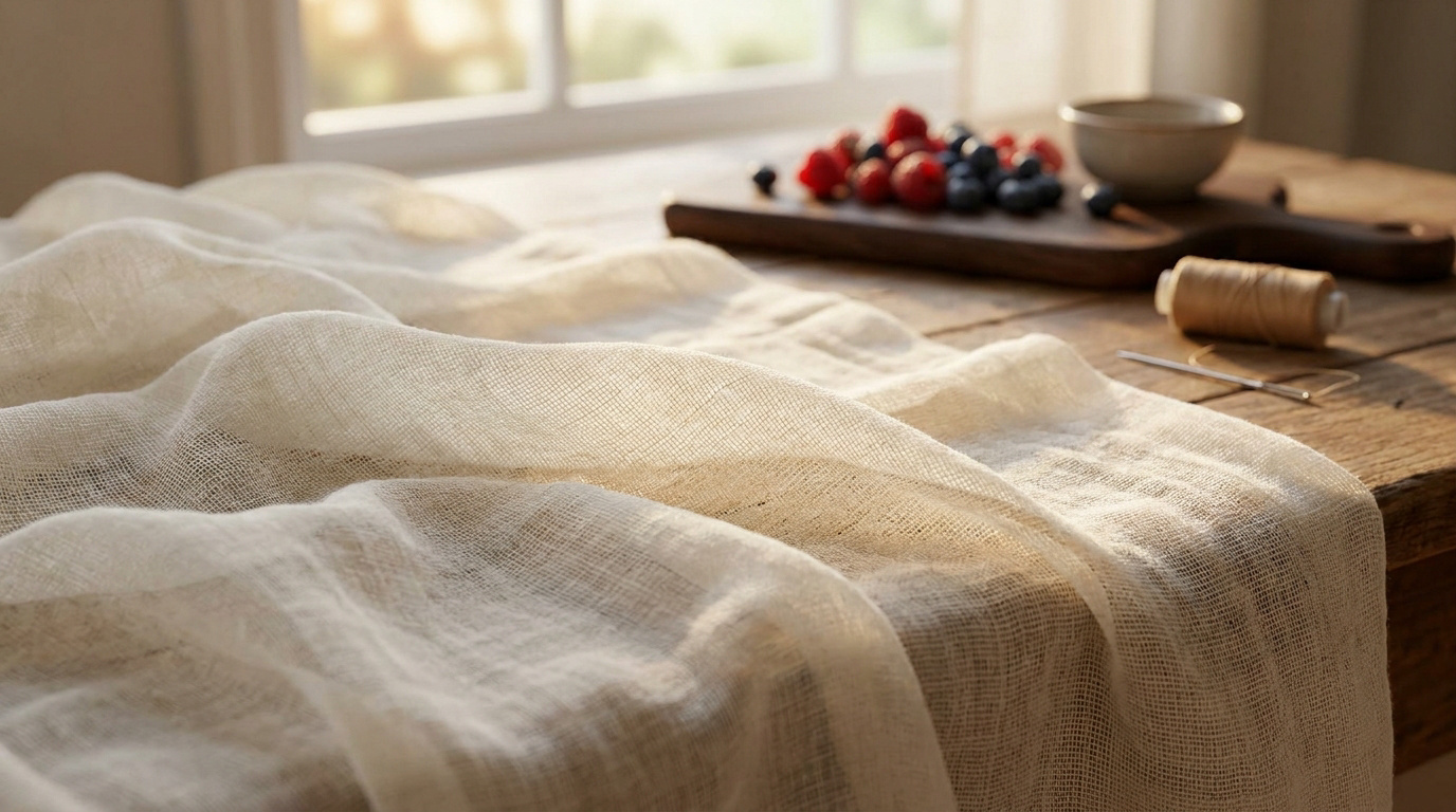 Drapé de tissu étamine clair sur table en bois, avec baies, fil et aiguille, près d'une fenêtre ensoleillée.