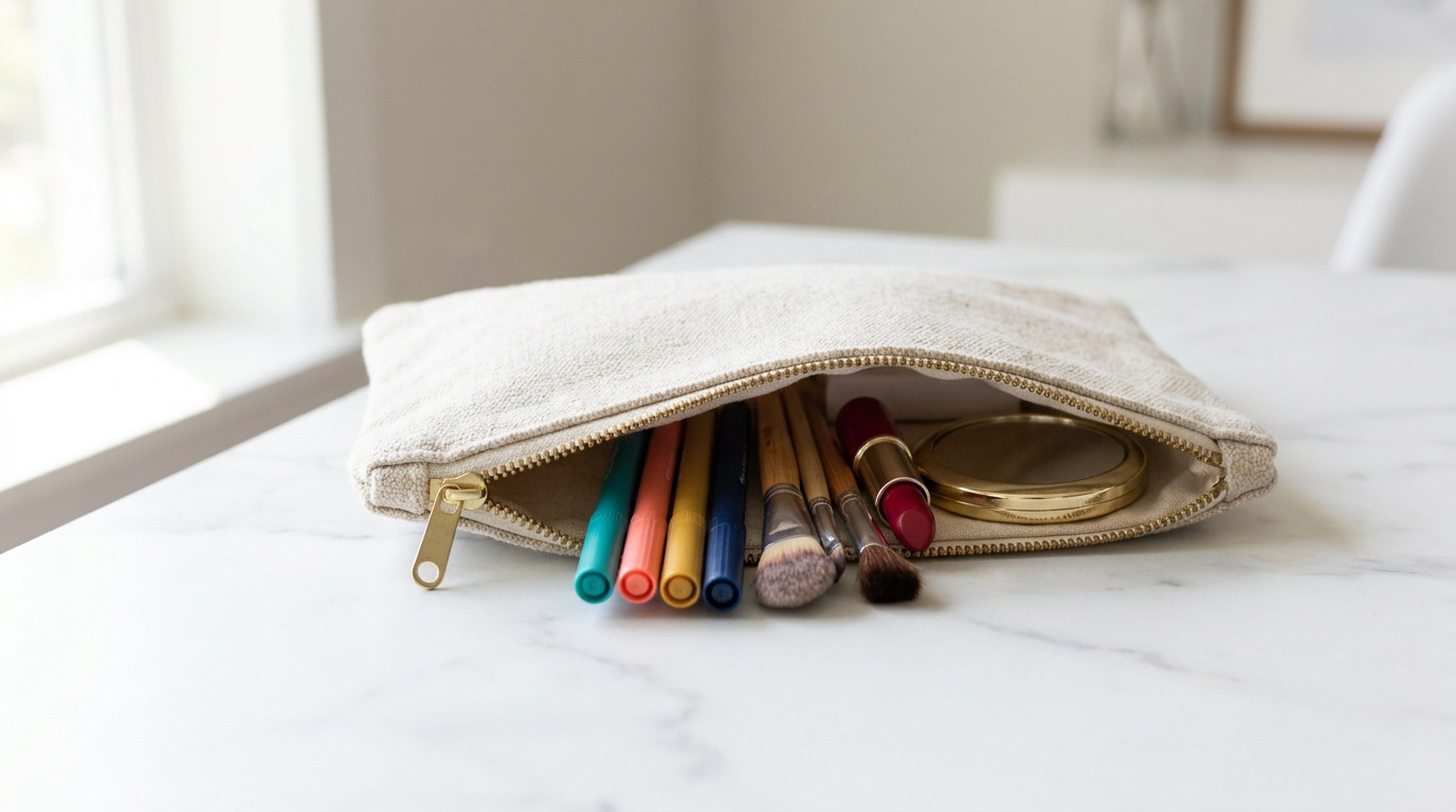 Trousse plate beige ouverte sur table en marbre, contenant stylos colorés, pinceaux de maquillage, rouge à lèvres et miroir.