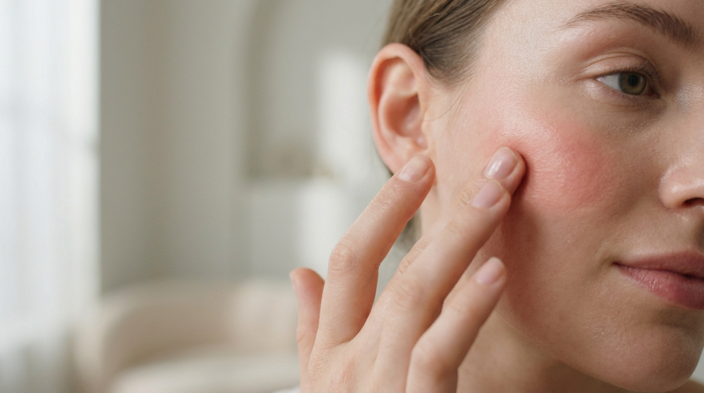 Gros plan sur une femme appliquant délicatement du blush rose sur sa joue avec le doigt, pour un teint frais et naturel.