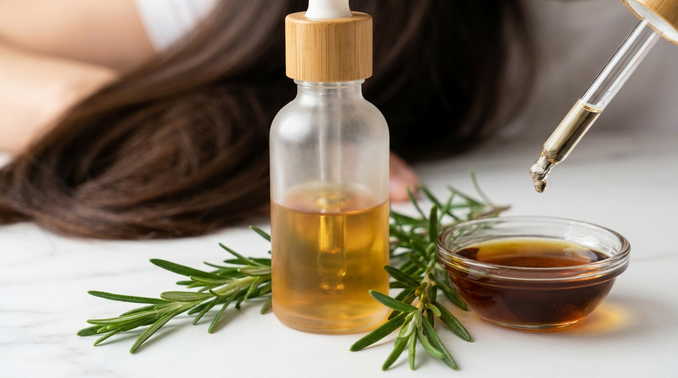Flacon de sérum capillaire Vitalis, pipette, huile et brins de romarin frais devant des cheveux longs en arrière-plan.