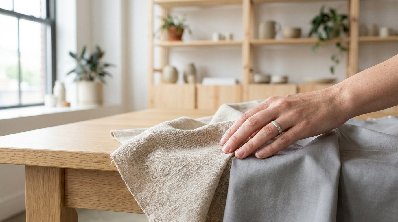 Main touchant un tissu en coton beige et gris sur une table en bois clair dans une pièce lumineuse.