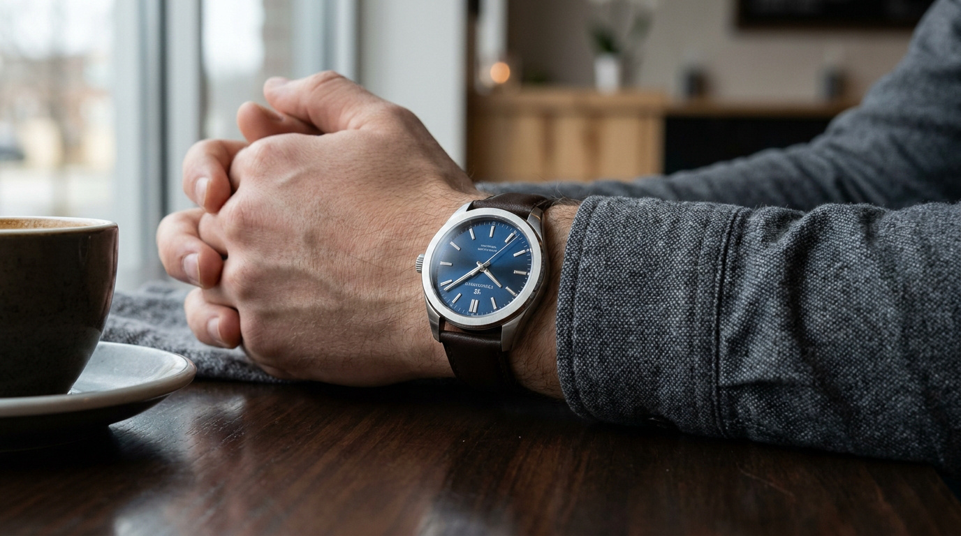 Un homme porte une montre-bracelet argentée avec cadran bleu et bracelet en cuir marron. Ses mains sont croisées sur une table en bois, une tasse de café à gauche.