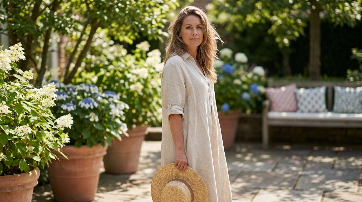 Femme portant une robe en lin beige dans un jardin fleuri, tenant un chapeau de paille.
