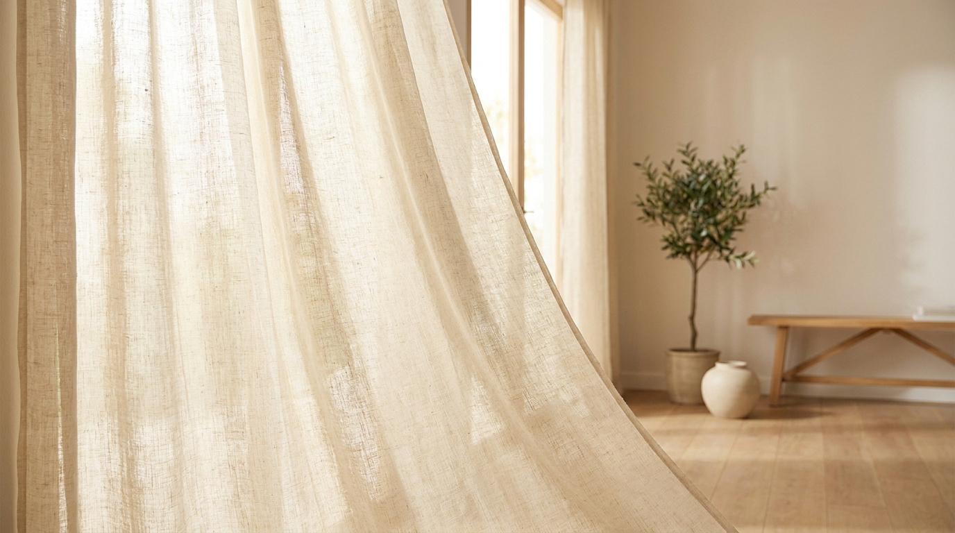Rideau en voilage de lin beige clair laissant passer la lumière du jour dans un intérieur minimaliste.