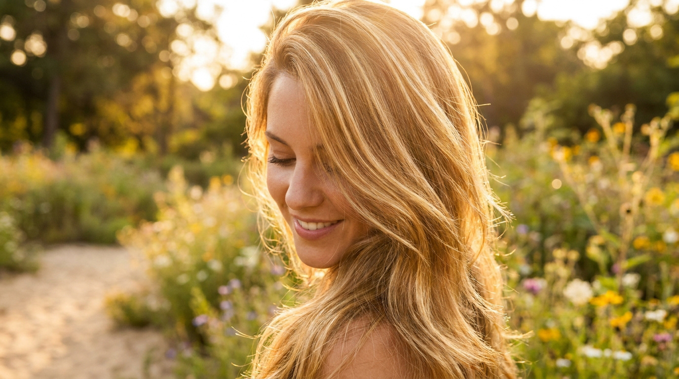 Jeune femme blonde souriante avec des reflets dorés dans les cheveux au soleil.