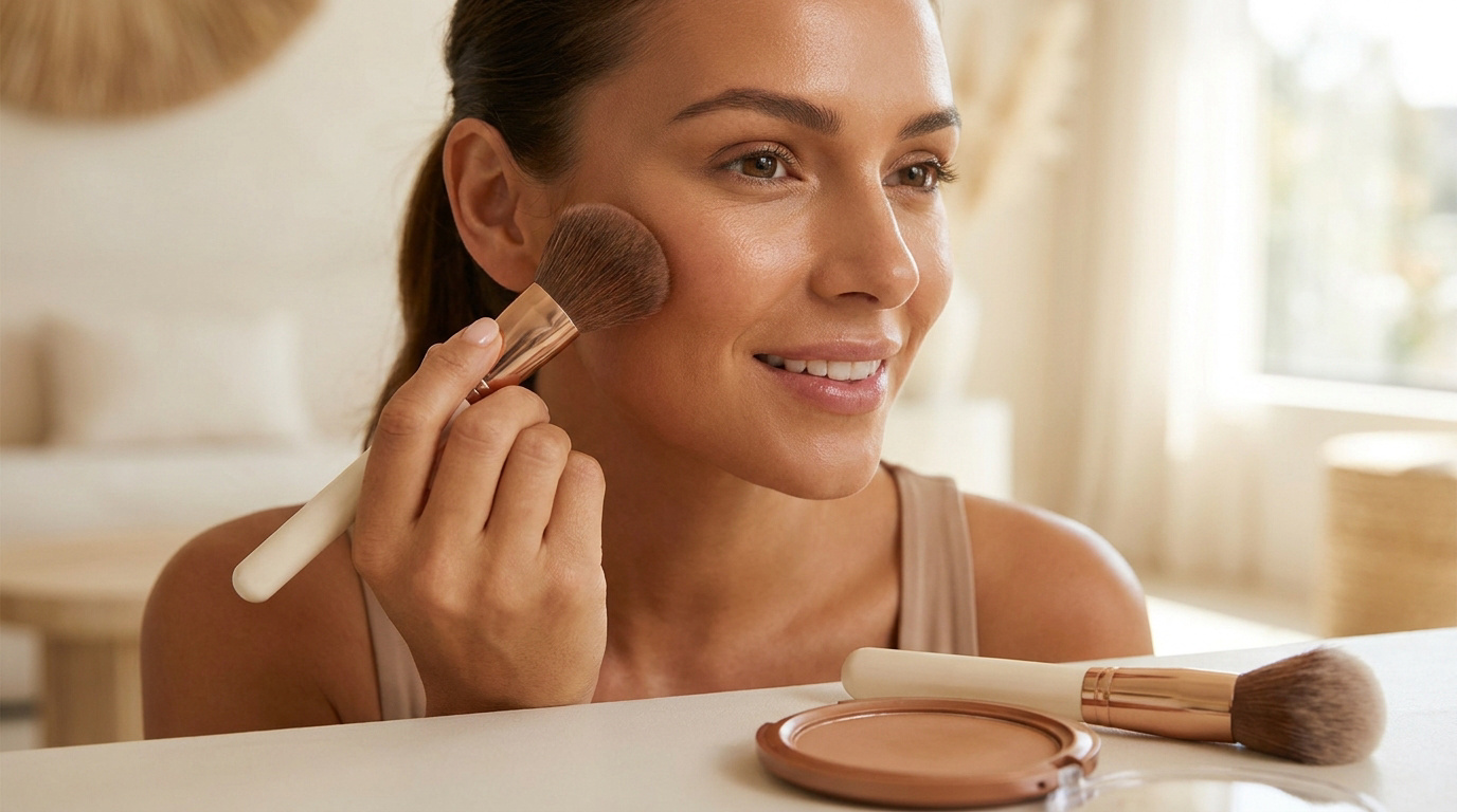 Une femme souriante applique de la poudre bronzante sur ses pommettes avec un pinceau de maquillage professionnel.