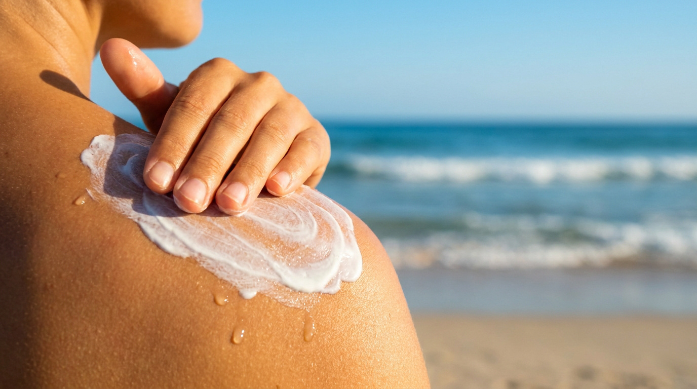Gros plan sur une main appliquant de la crème solaire blanche sur une épaule bronzée à la plage, avec l'océan en arrière-plan flou.