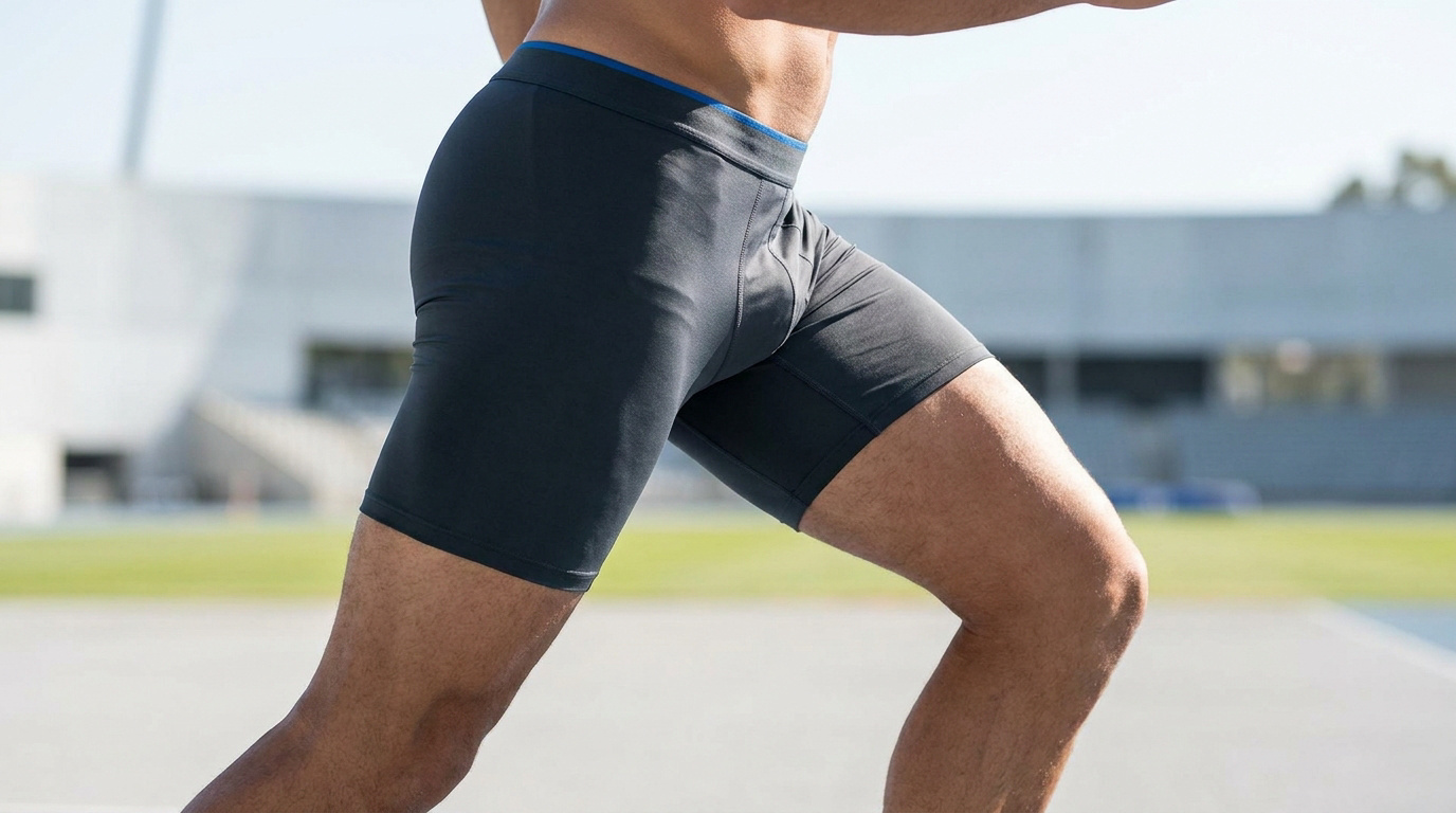 Un homme athlétique portant un boxer en microfibre noir lors d'un entraînement sur une piste d'athlétisme.