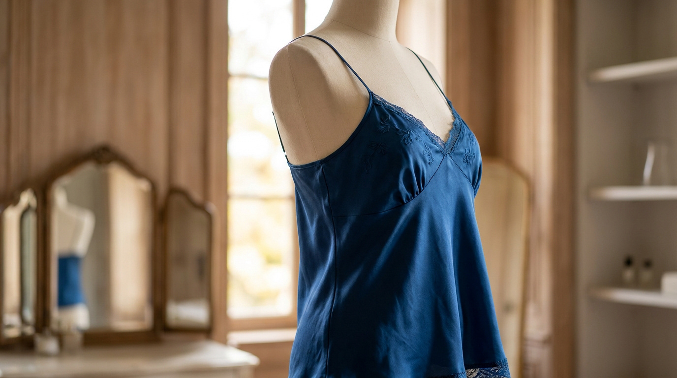 Un caraco en soie bleu nuit avec de fines bretelles et des détails en dentelle sur un buste de couture.