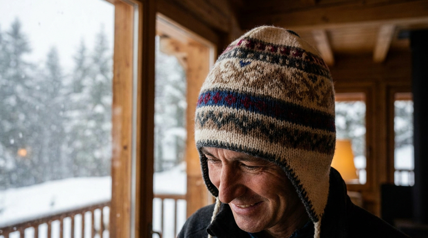 Un homme souriant porte un bonnet péruvien en laine à motifs devant une fenêtre donnant sur un paysage enneigé.