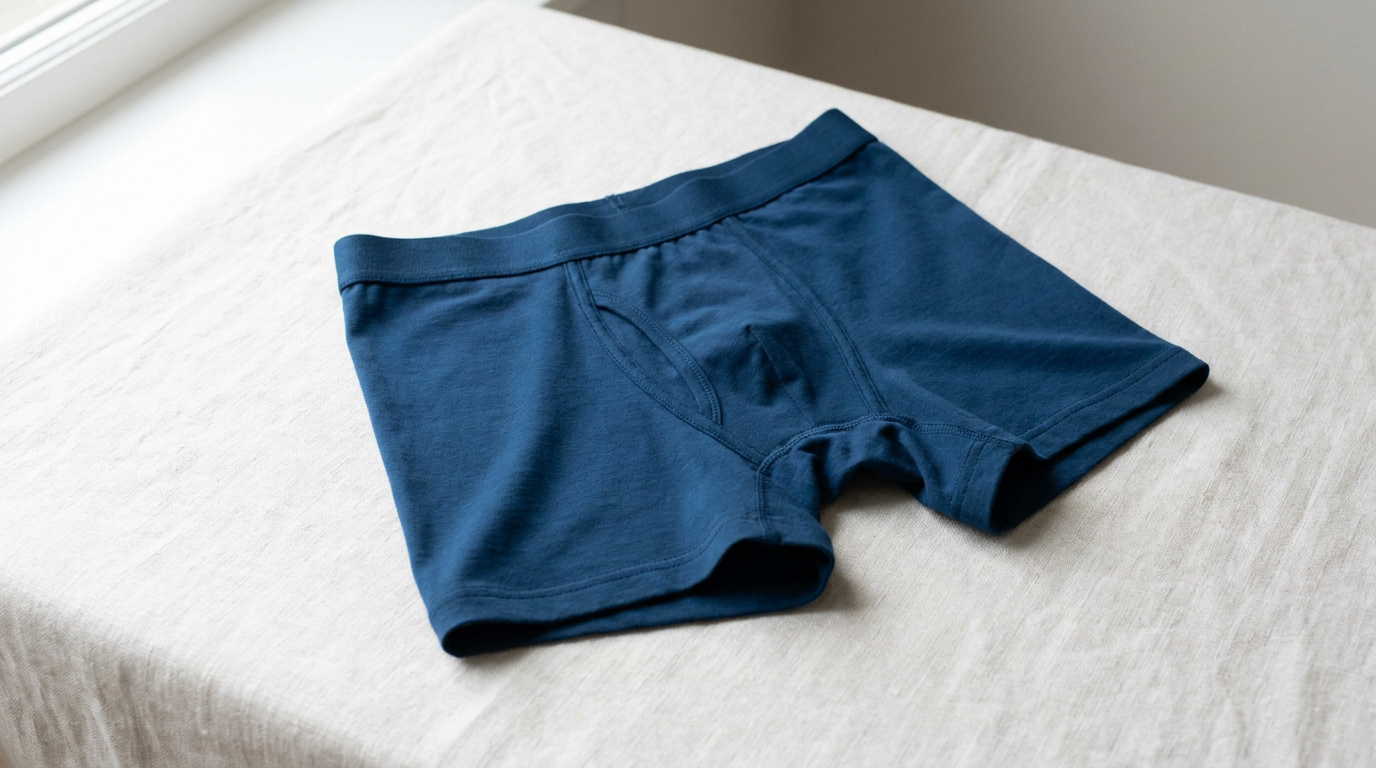 Boxer long pour homme de couleur bleu marine posé sur une surface en tissu clair.
