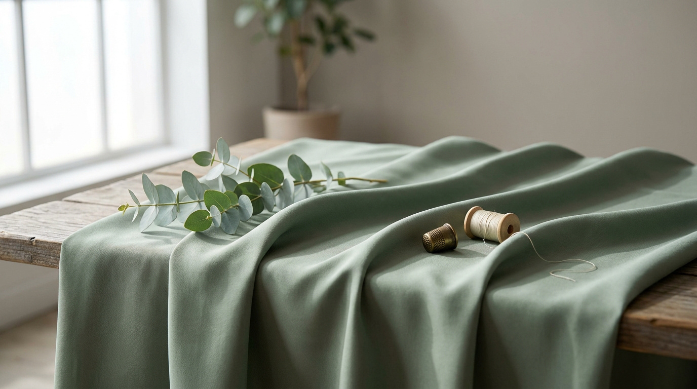 Un tissu vert sauge drapé sur une table en bois avec une branche d'eucalyptus, un dé à coudre et une bobine de fil.