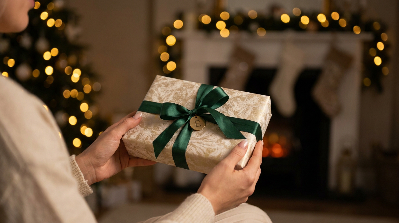 Une femme tient un cadeau de Noël élégamment emballé de papier doré et ruban vert. Arbre de Noël et cheminée décorés en arrière-plan.