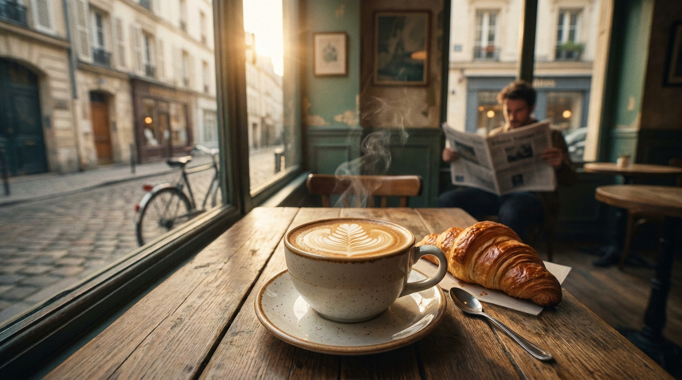 Tasse de café fumant avec latte art et croissant sur une table en bois près d'une fenêtre. Un homme lit un journal en arrière-plan.