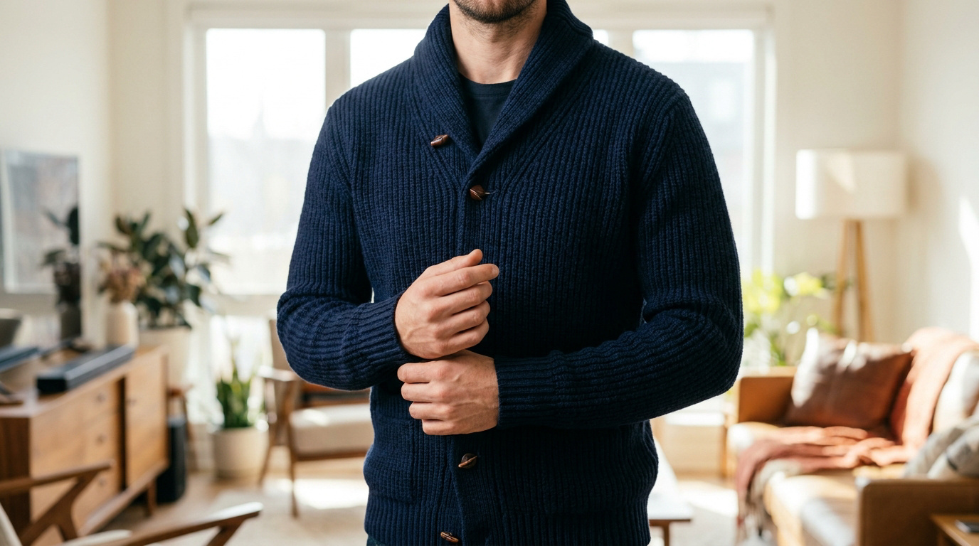 Un homme porte un cardigan en laine bleu marine avec un col châle et des boutons en bois dans un salon lumineux.